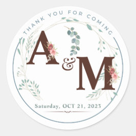 Monogrammad Eucalyptus Watercolor Bröllop Sticker Runt Klistermärke