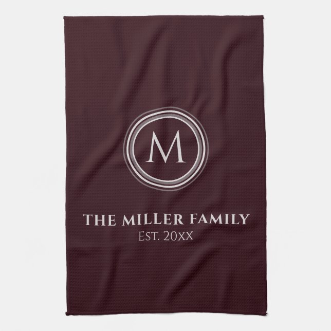 Monogrammad | Familj Namn | Burgundy & Grått Kökshandduk (Vertikal)