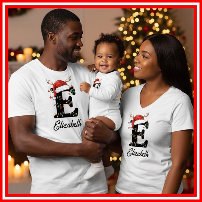 Monogrammad Family jul Antlers Santa Hat T Shirt (Skapare uppladdad)