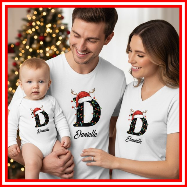 Monogrammad Family jul Antlers Santa Hat T Shirt (Skapare uppladdad)