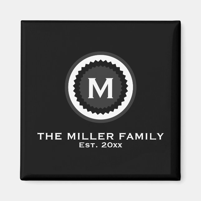Monogrammad Family Namn & Date | Svart Magnet (Framsidan)