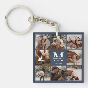 Monogrammad Family Photo Collage Modern Navy Blue