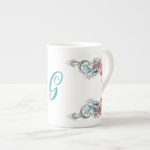 Monogrammad färgad Blommigt Benporslin Mugg