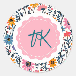 Monogrammad färglös Whimsical Folk Art Blommigt Runt Klistermärke