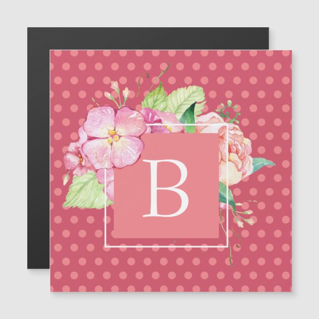 Monogrammad Feminine Rosa Dots Watercolor Magnet (Fram/baksida)