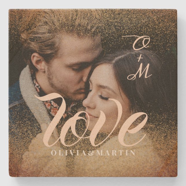 Monogrammad foto anpassningsbar Guld Glitter Stenunderlägg (Framsidan)