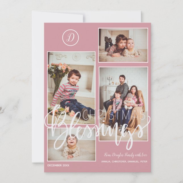Monogrammad fotokollage Julens  rosa Julkort (Framsida)