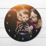 Monogrammad fotoöverlagring för anpassningsbar-fam stor klocka<br><div class="desc">Skapa en speciell av en typ runt eller fyrkantig väggklocka. Personligens klockdesign har namn i din familj i enkelt modernt typsnitt som är överlagt på din fullt utfallsfamiljefoto. Använda designen verktyg för att lägga till fler foton och text och välj valfritt typsnitt och färg för att matcha din egen hemskör...</div>