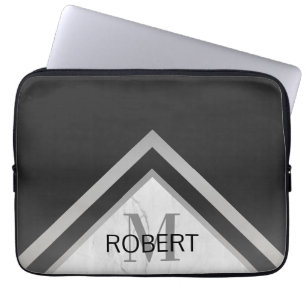 Monogrammad Geometric Chevron Black Silver Marble Laptop Fodral