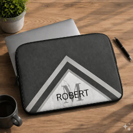 Monogrammad Geometric Chevron Black Silver Marble Laptop Fodral
