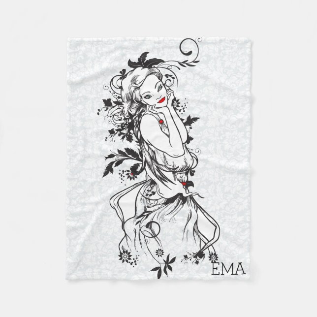 Monogrammad Girl with Red Läppar Fleecefilt (Framsidan)