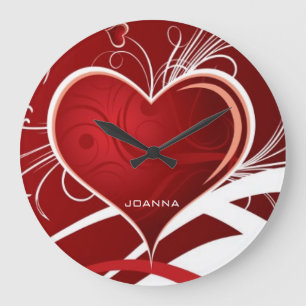 Monogrammad Girly Red & White Abstrakt Heart Stor Klocka