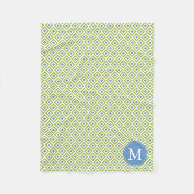 Monogrammad Grönt Blue Diamonds Ikat Mönster Fleecefilt (Framsidan)