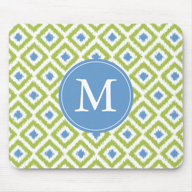 Monogrammad Grönt Blue Ikat Mönster Musmatta (Framsidan)