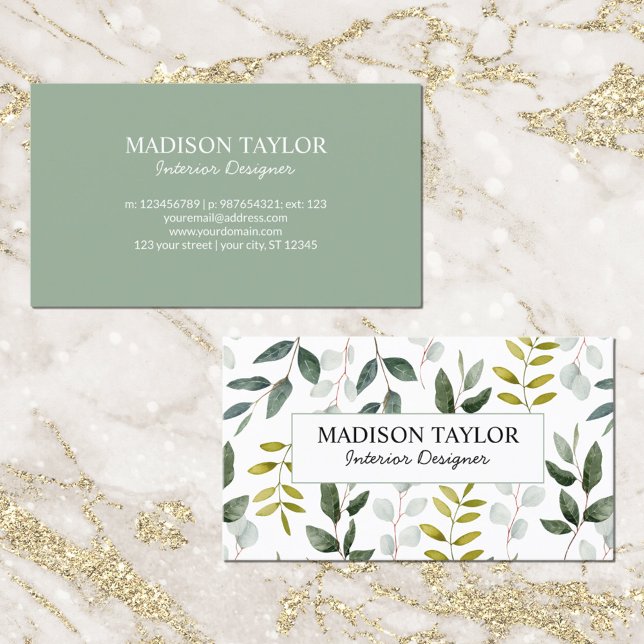 Monogrammad Grönt Eucalyptus Tropical Löv Visitkort (Front and Back)