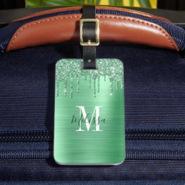 Monogrammad Grönt Glitter Brushed Metall Bagagebricka