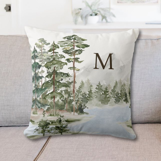 Monogrammad Grönt Gräs Forest och Sjö Kudde (In situ)