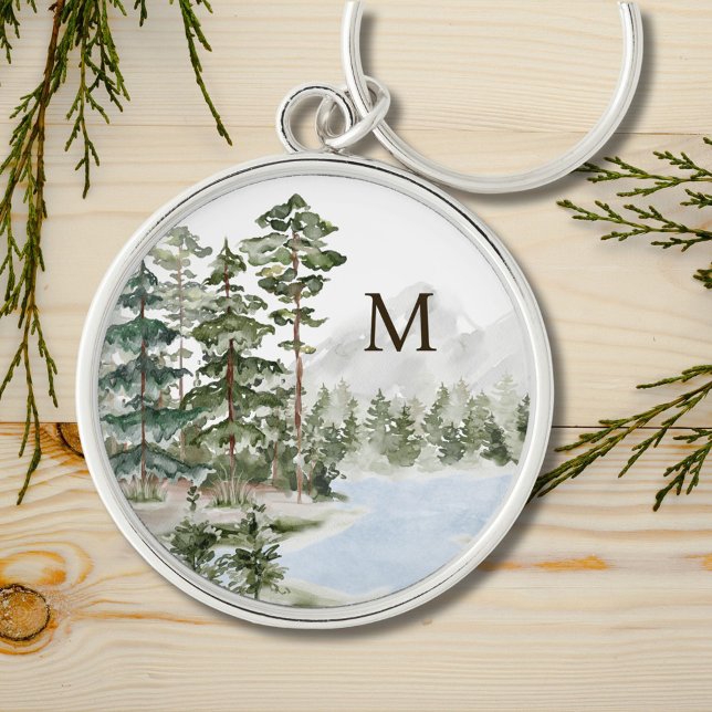 Monogrammad Grönt Gräs Forest och Sjö Rund Silverfärgad Nyckelring (In situ)