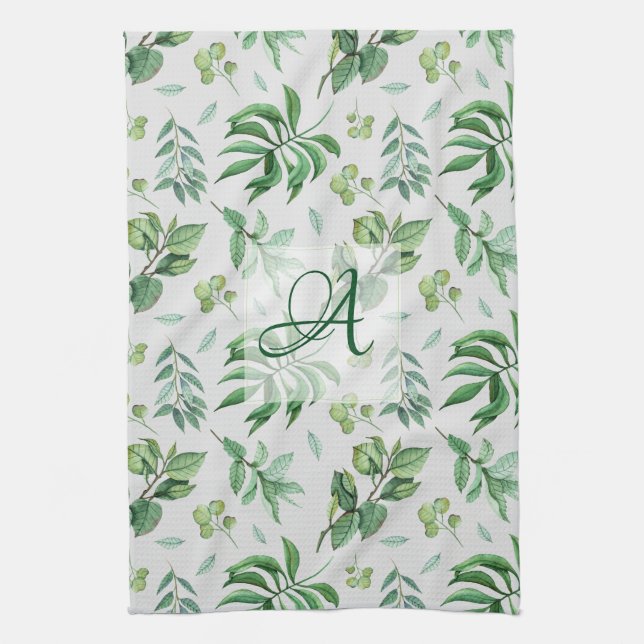 Monogrammad Grönt Lämna Botanical Home Decor Kökshandduk (Vertikal)