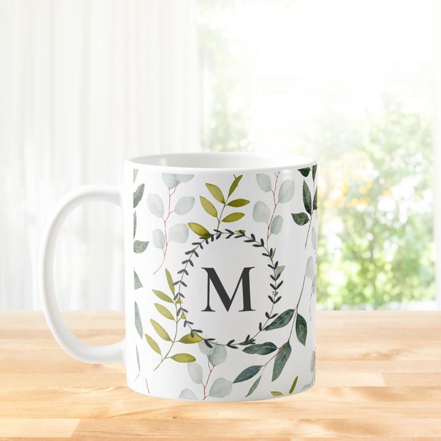 Monogrammad Grönt Löv Watercolor Mönster Kaffemugg (In situ)