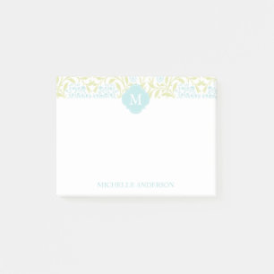 Monogrammad Grönt och Aqua Blommigt Damask Post-it Block