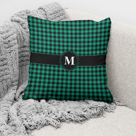 Monogrammad Grönt och Black Gingham Mönster Throw Kudde