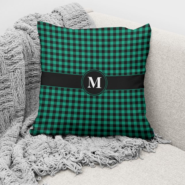Monogrammad Grönt och Black Gingham Mönster Throw Kudde (Skapare uppladdad)