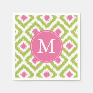 Monogrammad Grönt och Rosa Ikat Diamonds Mönster Pappersservett