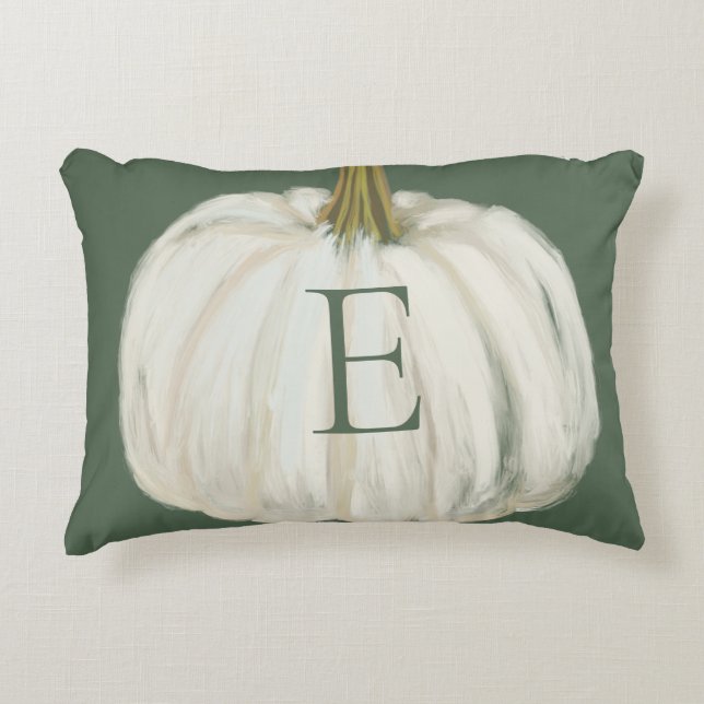 Monogrammad Grönt och White Fall Pumpkin Prydnadskudde (Framsidan)