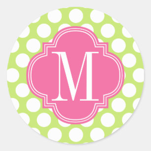 Monogrammad grönt & Rosa Big Polka dots Runt Klistermärke