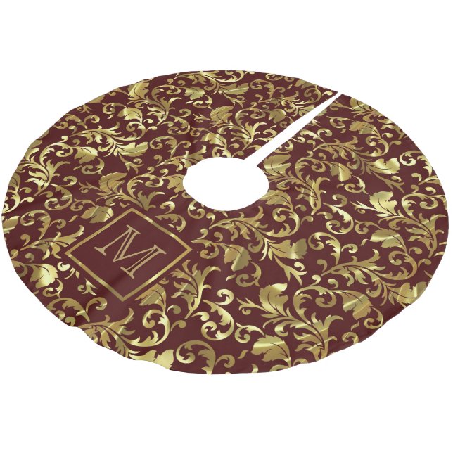 Monogrammad Guld Blommigt Damask Julgransmatta Borstad Polyester (Vinklad)
