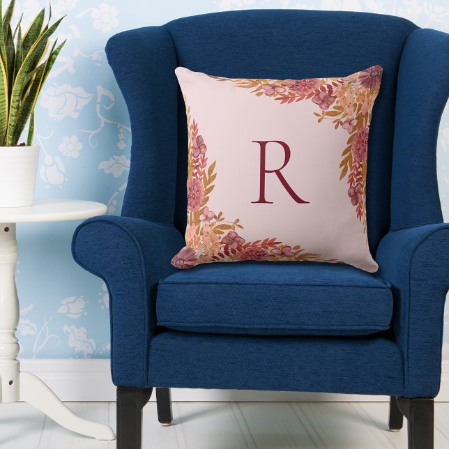 Monogrammad Guld Burgundy Fall Blommigt Kudde (In situ)