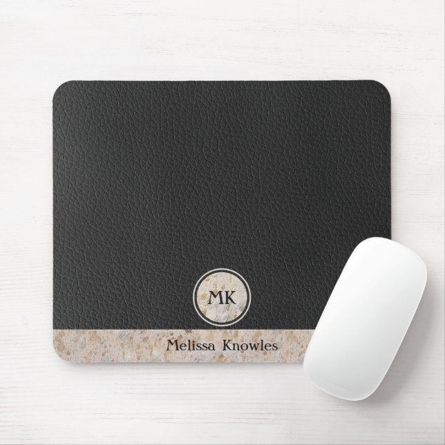 Monogrammad Guld Cowhide Leather Initialer Musmatta (Med mus)