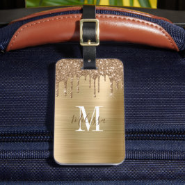 Monogrammad Guld Glitter Drip Metall Bagagebricka