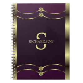 Monogrammad Guld och Burgundy Lila Geometric Anteckningsbok