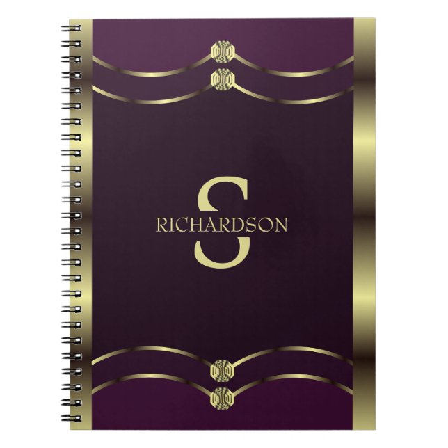 Monogrammad Guld och Burgundy Lila Geometric Anteckningsbok (Framsidan)