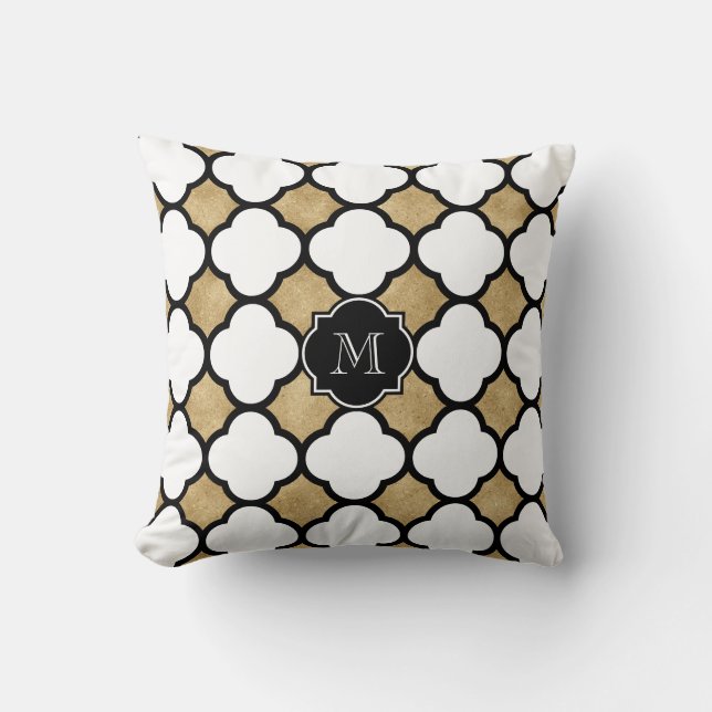 Monogrammad Guld White Black Geometric Quatrefoil Kudde (Framsida)