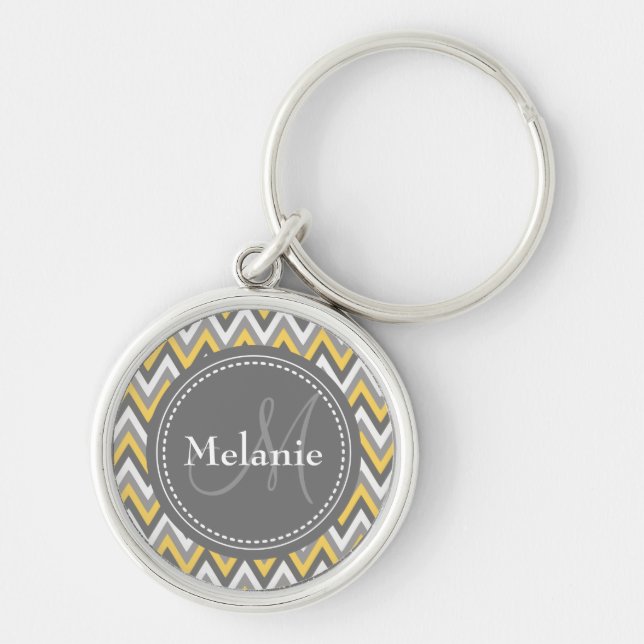 Monogrammad Gult & Grått Chevron Mönster Rund Silverfärgad Nyckelring (Framsidan)