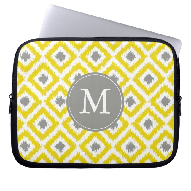 Monogrammad Gult Grått Diamond Ikat Mönster Laptop Fodral (Framsidan)