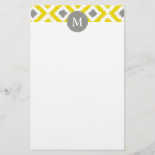 Monogrammad Gult Grått Diamonds Ikat Mönster Brevpapper