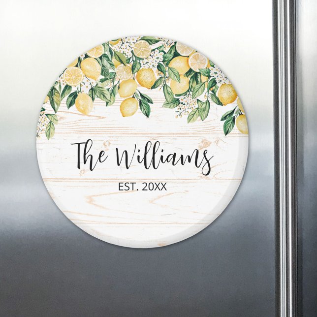 Monogrammad Gult Lemon Träd White Wood Magnet (In situ)