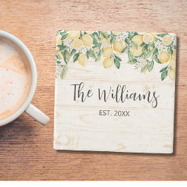Monogrammad Gult Lemon Träd White Wood Stenunderlägg