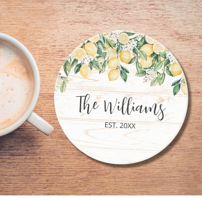 Monogrammad Gult Lemon Träd White Wood Underlägg (In situ)