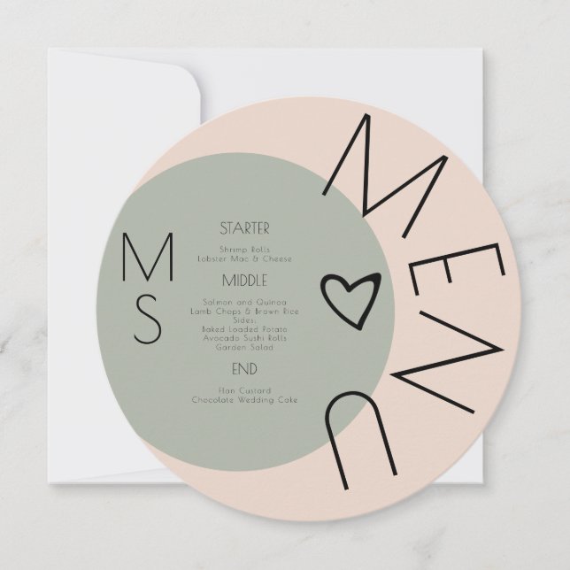 Monogrammad Heart Bröllop Circular Sage Menu (Framsida)