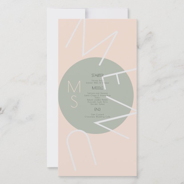 Monogrammad Heart Bröllop Circular Sage Rosa Menu (Framsida)