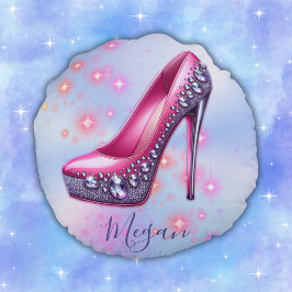 Monogrammad High Heel i Glitter Rosa på Blue | Rund Kudde