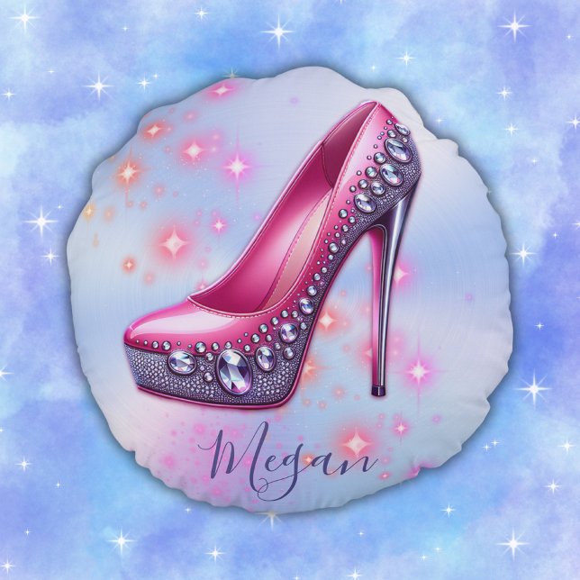 Monogrammad High Heel i Glitter Rosa på Blue | Rund Kudde (Skapare uppladdad)
