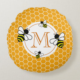 Monogrammad Honeycomb Mönster med bin Rund Kudde