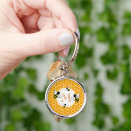 Monogrammad Honeycomb Mönster med bin Rund Silverfärgad Nyckelring