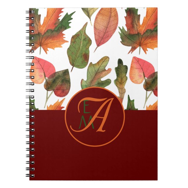 Monogrammad Höst löv Burgundy Autumn Decor Anteckningsbok (Framsidan)